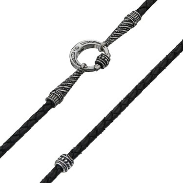 Ювелирный шнурок Гайтан черный, Натуральная плетеная кожа 3 мм с серебряным замком, Чернение