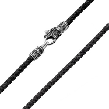Ювелирный шнурок Гайтан черный, Шелк 3,5 мм с серебряным замком "Голова орла", Чернение