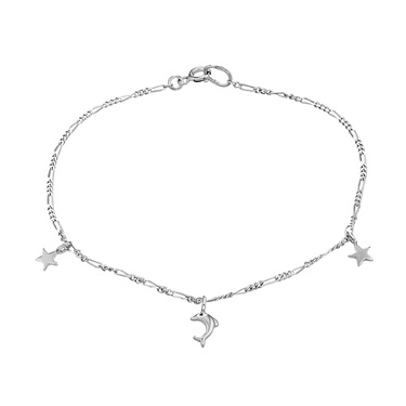 Серебряный анклет женский браслет на ногу с подвесками-звездочками и дельфином, родий