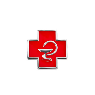 Серебряный значок медработника "Сосуд Гигиеи в красном кресте", эмаль, родий, застежка латунь