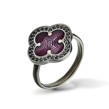 Серебряное женское кольцо "Четырехлистник" с фиолетовой эмалью и черными фианитами