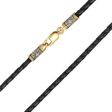 Ювелирный шнурок Гайтан черный, Натуральная плетеная кожа 3 мм, Чернение, Позолота