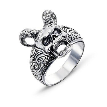 Серебряное кольцо "Череп Дьявола" с рогами, чернение
