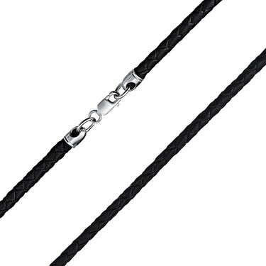 Ювелирный шнурок Гайтан черный, Натуральная плетеная кожа 2,9 мм с серебряным замком, Родирование