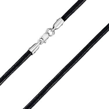 Ювелирный шнурок Гайтан черный, Натуральная кожа 3 мм с серебряным замком, Родирование