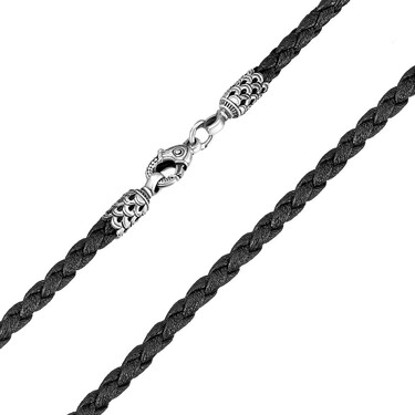 Ювелирный шнурок Гайтан черный, Плетеная Экокожа 3 мм с серебряным замком, Чернение