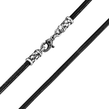 Ювелирный шнурок Гайтан черный, Натур. кожа 3 мм с серебряным замкомс с узором "плетение", Чернение