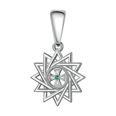 Серебряная двусторонняя подвеска "Звезда Эрцгаммы", с зеленым фианитом, родий