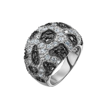 Серебряное широкое кольцо с черными и белыми куб. цирконами, родий