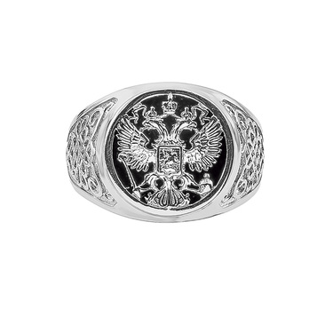 Серебряный мужской перстень, родированый с ониксом с Двуглавым орлом