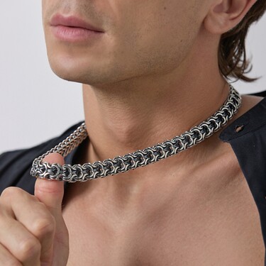 Серебряная массивная мужская цепь, плетение Рамзес, чернение, замок коробочка, ширина 1,4 см