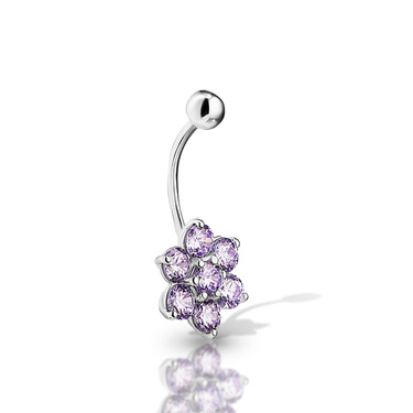 Серебряное украшение для пирсинга пупка "Сиреневый цветок" с фианитами, родий