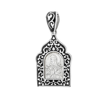 Серебряная подвеска Семистрельная икона Божией Матери, эмаль черная