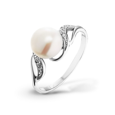 Серебряное женское кольцо с культивированным жемчугом и бесцветными фианитами