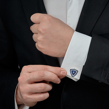 Серебряные треугольные запонки Николая II с фианитами, синяя эмаль