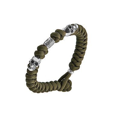 Браслет из паракорда с серебряной вставкой Череп в родии с чернением, шириной 1 см