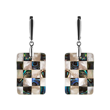 Перламутровые прямоугольные бело-зеленые серьги, мозаика, родирование