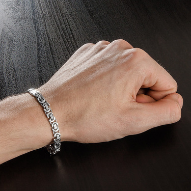 Серебряный мужской браслет, плетение Скобки, родий, ширина 6 мм