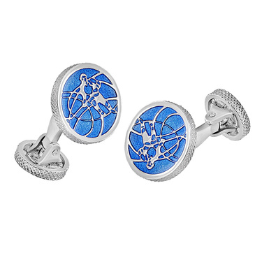 Серебряные запонки "Хоккеист" с голубой эмалью, покрытие родием