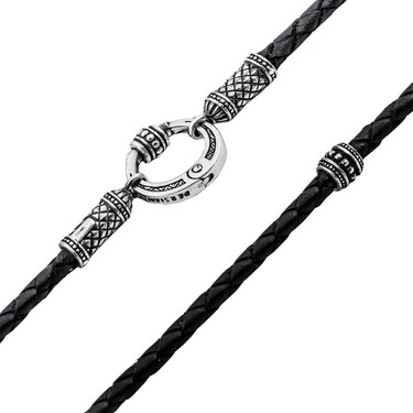 Ювелирный шнурок Гайтан черный, Натуральная плетеная кожа 3 мм с серебряными бусинами, Чернение