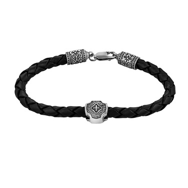 Браслет из плетеной кожи с серебряной вставкой, чернение, ширина 5,3 мм