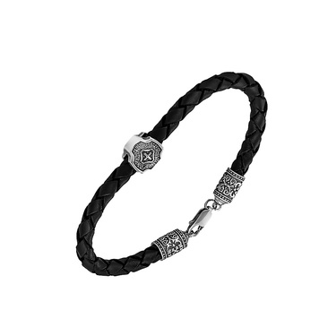 Браслет из плетеной кожи с серебряной вставкой, чернение, ширина 5,3 мм