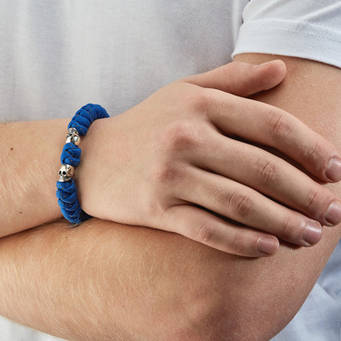 Браслет из паракорда с серебряными черепами, ширина 1,1 см, синий