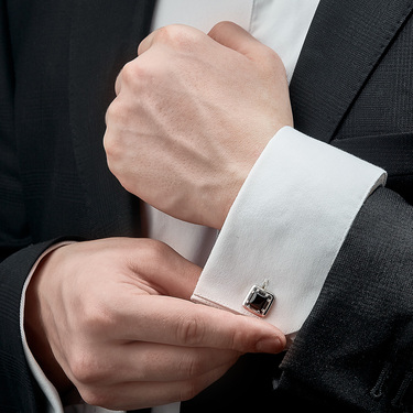 Серебряные запонки с черным агатом, родий