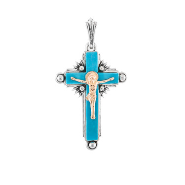 Серебряный православный крест с золотой накладкой и бирюзой