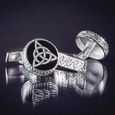 Серебряные запонки Триглав, родий, черная эмаль