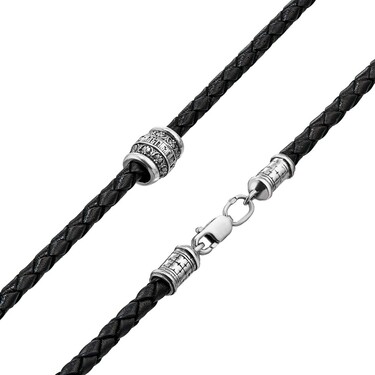 Ювелирный шнурок Гайтан черный, Натур. кожа 4 мм с серебряной вставкой 