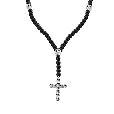Бусы-четки из шунгита с крестом из черепов и серебряными вставками, фианиты