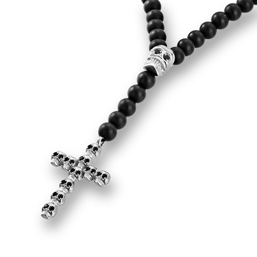 Бусы-четки из шунгита с крестом из черепов и серебряными вставками, фианиты