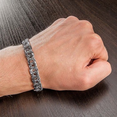Толстый серебряный мужской браслет, плетение ручной Бисмарк, родирование, ширина 0,9