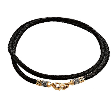 Ювелирный шнурок Гайтан черный, Натуральная плетеная кожа 3,2 мм с серебряным замком, Позолота