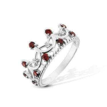 Серебряное женское кольцо Корона, красный фианит, родий