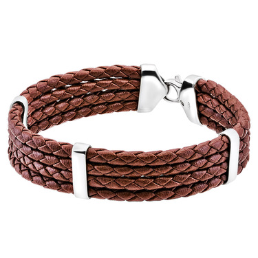 Браслет из плетеной кожи с серебряными вставками, ширина 1,5 см