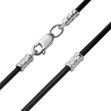 Ювелирный шнурок Гайтан черный, Каучук 2 мм с серебряными вставками и замком, Родирование