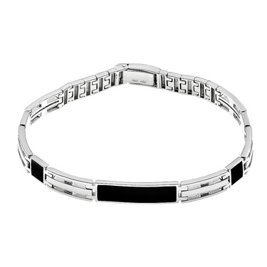 Серебряный браслет, полужесткое плетение, вставка оникс, ширина 0,8 см