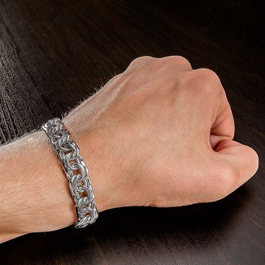 Толстый серебряный мужской браслет, плетение ручной Бисмарк, родирование, ширина 1,1 см