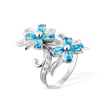 Серебряное женское кольцо "Цветок", голубой фианит, родий