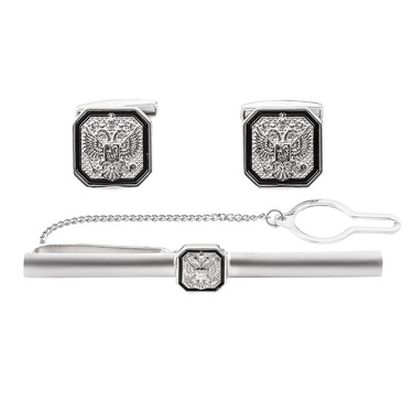 Серебряный зажим для галстука Герб России - Двуглавый орел, в родии