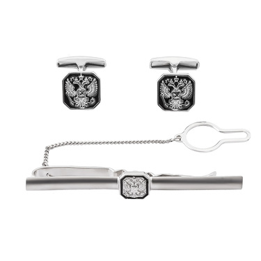 Серебряный зажим для галстука Герб России - Двуглавый орел, в родии