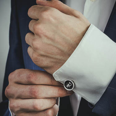 Серебряные запонки Знак Рубля, черная эмаль, покрытие родий