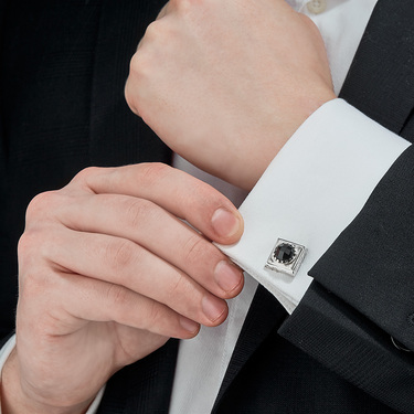 Серебряные запонки с черным агатом, родий