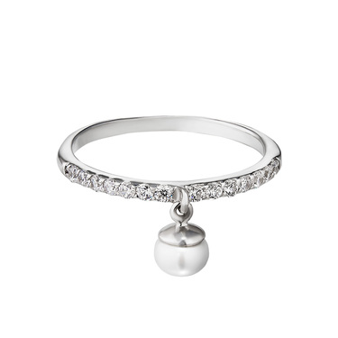 Серебряное женское кольцо Дорожка с фианитами и подвеской из жемчуга, родий