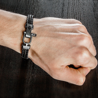 Браслет из плетеной кожи с серебряными вставками World of Tanks, покрытие оксидом