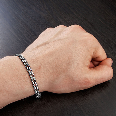 Серебряный браслет, плетение двойной ромб с чернением и родием, ширина 5,3 мм