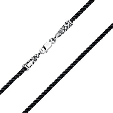 Ювелирный шнурок Гайтан черный, Шелк 2 мм с серебряным ажурным замком, Чернение