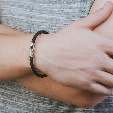 Браслет из плетеной кожи с серебряными вставками, ширина 5,2 мм